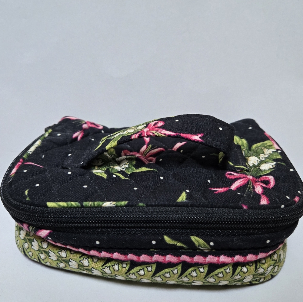 Vera Bradley New Hope Jewelry Case Black Floral Quilted Pink Ribbon Travel